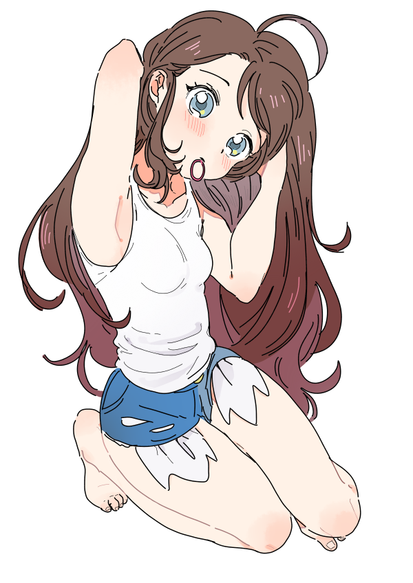 1girl ahoge bangs barefoot blue_shorts blush breasts brown_hair collarbone commentary_request eyelashes full_body hagetapo hair_down hair_tie_in_mouth head_tilt hilda_(pokemon) knees long_hair mouth_hold pokemon pokemon_(game) pokemon_bw shirt short_shorts shorts sleeveless sleeveless_shirt solo toes white_shirt