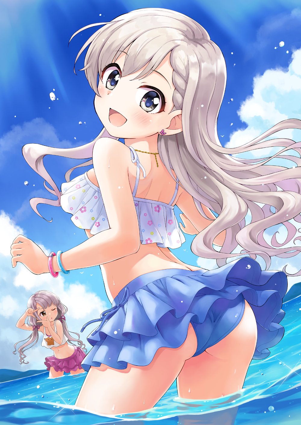 2girls ass bangs bare_shoulders bikini blue_bikini blue_eyes blue_sky blush bracelet braid braided_bangs brown_eyes commentary_request day earrings frilled_bikini frills from_behind grey_hair highres hisakawa_hayate hisakawa_nagi idolmaster idolmaster_cinderella_girls jewelry long_hair looking_at_viewer looking_back low_twintails multiple_girls navel open_mouth outdoors partially_submerged satogo siblings sisters sky smile stud_earrings swimsuit thighs twins twintails wading