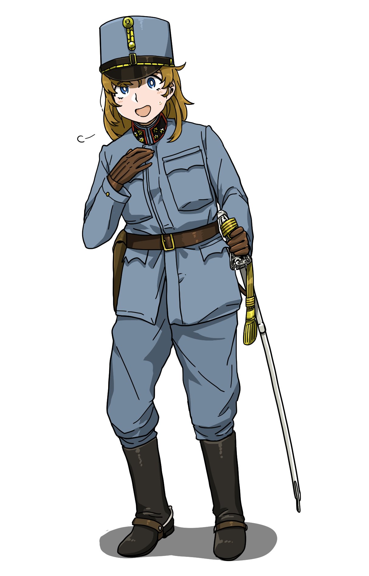 1girl =3 anyan_(jooho) belt black_footwear blue_eyes blue_headwear blue_jacket blue_pants boots brown_belt brown_gloves brown_hair full_body gloves hat highres holding holding_weapon holster jacket long_hair long_sleeves looking_at_viewer military military_uniform open_mouth original pants sheath sheathed simple_background smile solo spurs standing sword uniform weapon white_background world_war_i