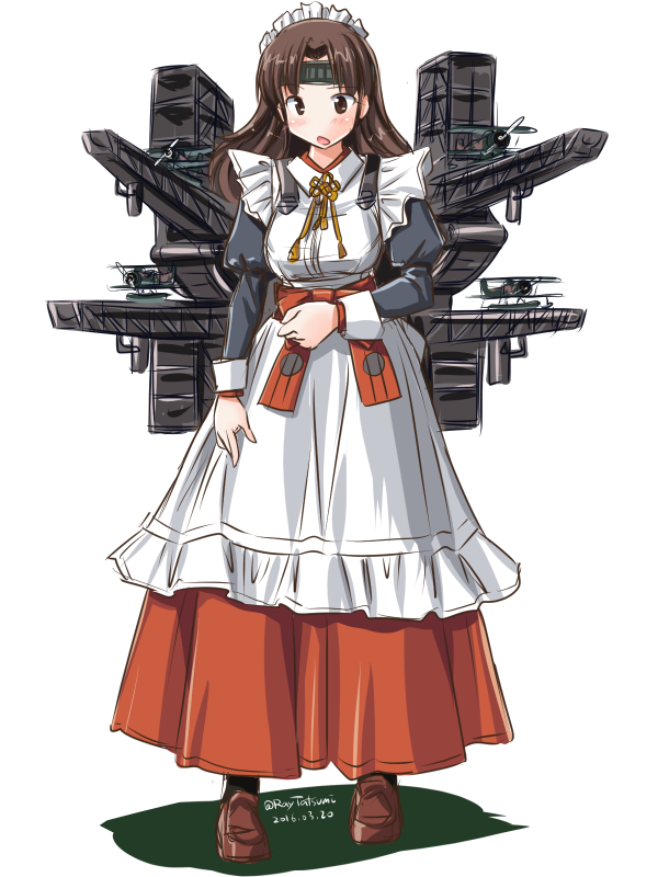 1girl alternate_costume apron breasts brown_eyes chiyoda_(kancolle) clip_studio_paint_(medium) dated headband kantai_collection maid maid_apron maid_headdress medium_hair rigging seaplane signature simple_background tatsumi_ray