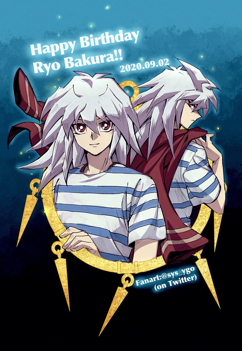 2boys bakura_ryou bangs bright_pupils character_name closed_mouth commentary_request dated dual_persona grey_hair hand_up happy_birthday highres holding long_hair male_focus millennium_ring multiple_boys number red_eyes shirt smile soya_(sys_ygo) striped striped_shirt t-shirt twitter_username white_pupils white_shirt yami_bakura yu-gi-oh! yu-gi-oh!_duel_monsters