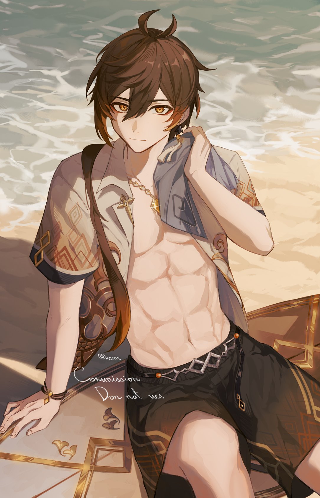 1boy 329kome abs bangs black_shorts brown_hair closed_mouth commission earrings english_text genshin_impact gradient_hair hair_between_eyes hair_over_shoulder highres jewelry long_hair looking_at_viewer male_focus multicolored_hair necklace open_clothes open_shirt orange_eyes orange_hair ponytail sand shirt shorts single_earring sitting solo sparkle surfboard tassel tassel_earrings toned toned_male vision_(genshin_impact) water zhongli_(genshin_impact)