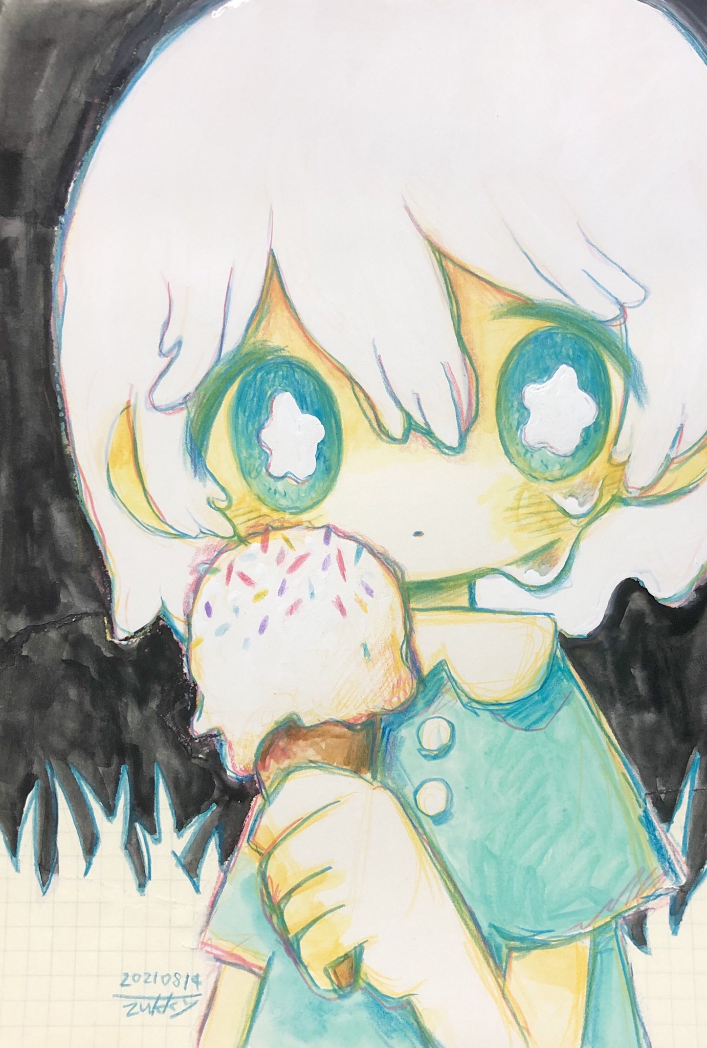 1girl aqua_dress aqua_eyes blush bright_pupils dress food grass hair_between_eyes highres holding holding_food ice_cream ice_cream_cone no_nose original short_hair short_sleeves solo tears traditional_media white_hair white_pupils zukky000