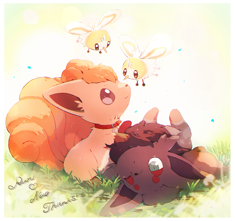 border brown_eyes closed_mouth collaboration commentary_request cutiefly flying gen_1_pokemon gen_5_pokemon gen_7_pokemon grass green_eyes heart looking_up lying nao_(naaa_195) no_humans on_back one_eye_closed pokemon pokemon_(creature) smile vulpix white_border zorua