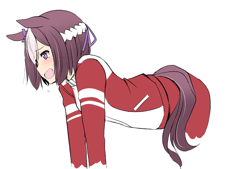1girl animal_ears brown_hair cropped_arms cropped_legs hachimaki headband horse_ears horse_girl horse_tail jacket leaning_forward long_sleeves multicolored_hair open_mouth pants red_jacket red_pants short_hair smile solo special_week_(umamusume) standing tail tearing_up tonpuu track_jacket track_pants track_suit umamusume violet_eyes white_hair white_headband