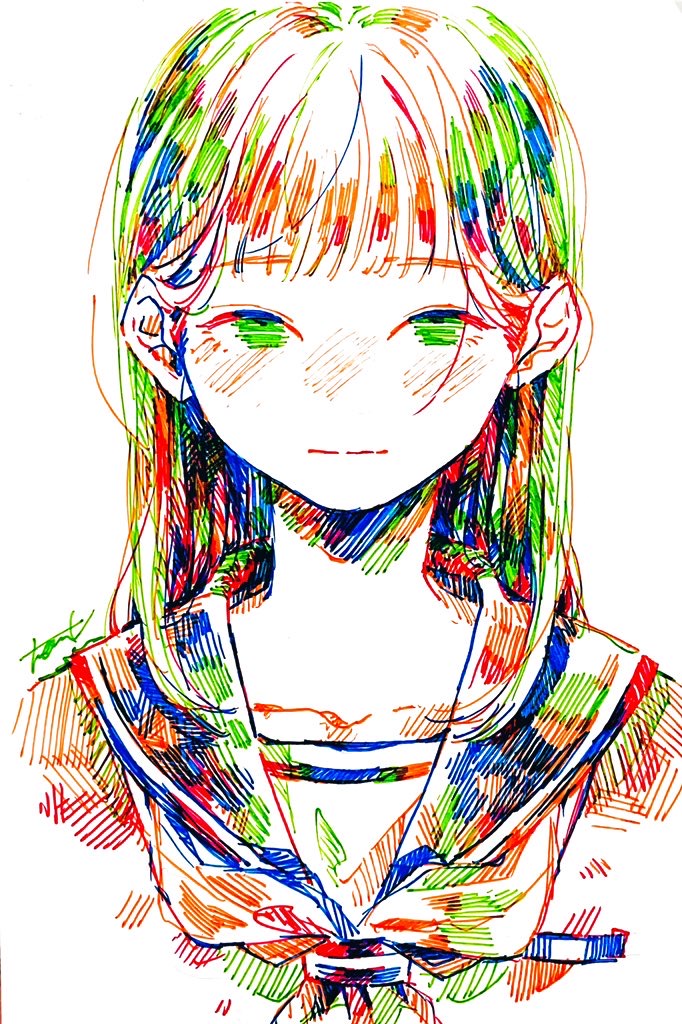 1girl bangs blush colorful dress green_eyes hatching_(texture) looking_at_viewer neckerchief_removed original sailor_dress school_uniform serafuku shadow signature simple_background solo tmari traditional_media upper_body white_background