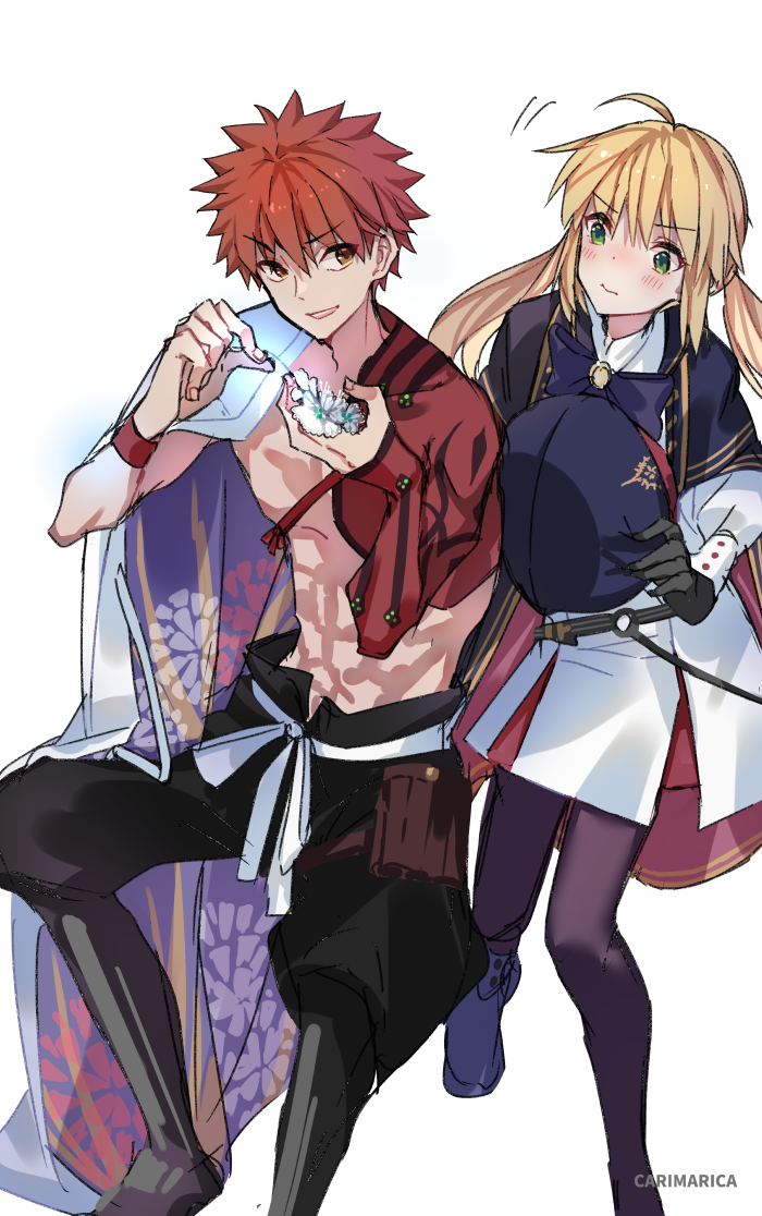 1boy 1girl ahoge artist_name artoria_pendragon_(caster)_(fate) artoria_pendragon_(fate) bangs bare_pectorals black_gloves black_pants blonde_hair blue_bow blue_cape blue_footwear blue_headwear blue_neckwear blush bow bowtie cape closed_mouth commentary_request dress emiya_shirou eyebrows_visible_through_hair fate/grand_order fate_(series) fingernails flower gloves green_eyes hair_between_eyes hair_flower hair_ornament hairclip hat holding holding_clothes holding_hair_ornament holding_hat igote japanese_clothes long_hair long_sleeves looking_at_another open_mouth pants pantyhose pectorals pointy_hair purple_legwear red_cape redhead senji_muramasa_(fate) shirtless short_hair sidelocks simple_background sitting smile twintails two-tone_cape upper_teeth white_background white_cape white_dress yellow_eyes zeromomo