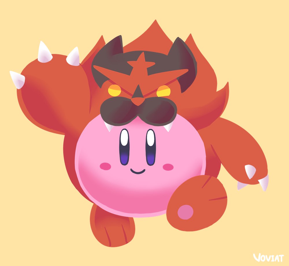 artist_name blush_stickers closed_mouth commentary english_commentary gen_7_pokemon incineroar kirby kirby_(series) looking_at_viewer pokemon signature simple_background smile violet_eyes voviat yellow_background