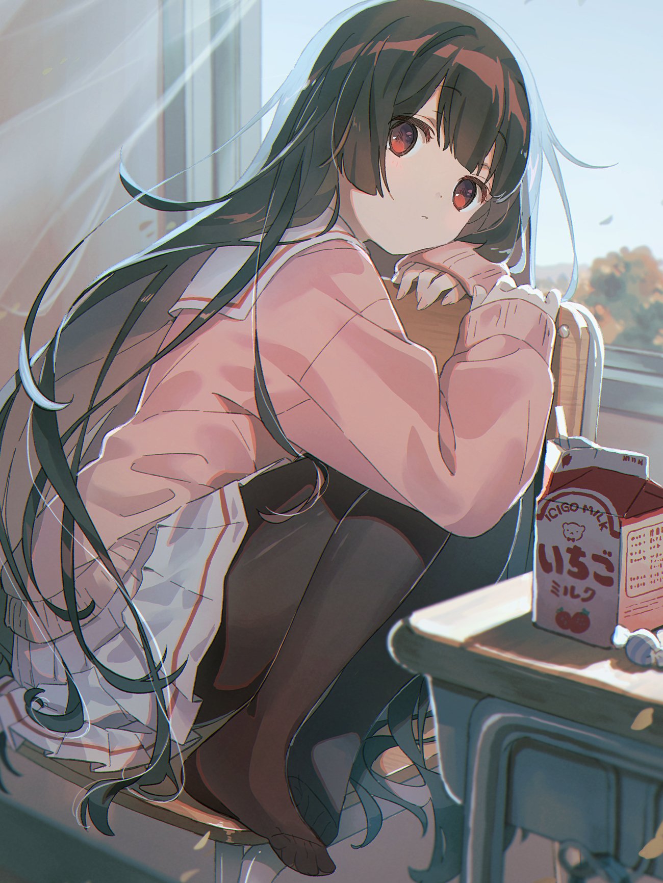 1girl bangs barefoot black_hair blunt_bangs candy chair day desk drinking_straw eyebrows_visible_through_hair food highres long_hair long_sleeves looking_at_viewer milk_carton original pantyhose pink_sweater pleated_skirt pom_(soupy) red_eyes sailor_collar school_desk school_uniform sitting skirt sleeves_past_wrists solo strawberry_milk sweater white_skirt window