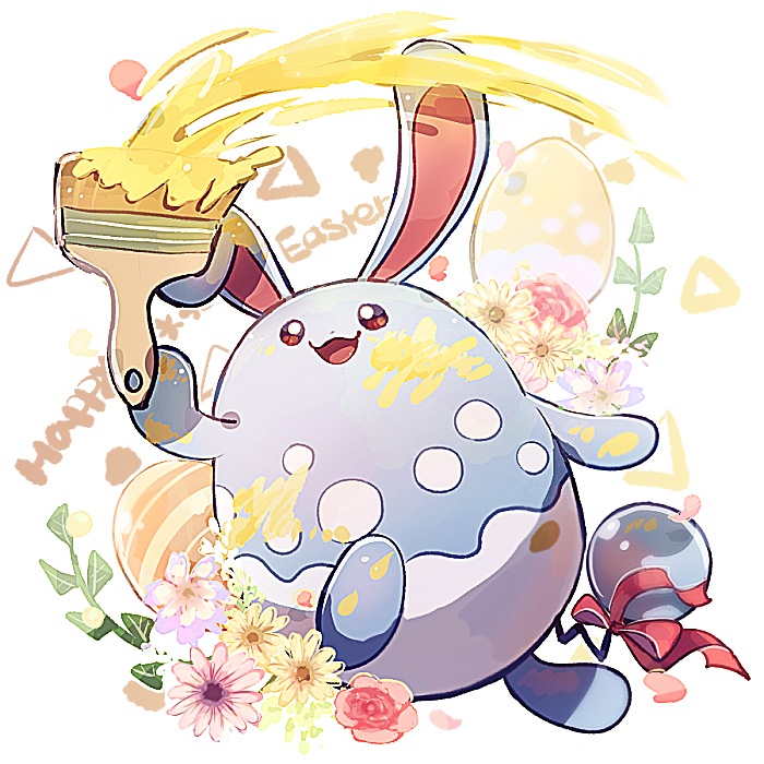 :d azumarill brown_eyes commentary_request easter egg flower gen_2_pokemon happy_easter holding holding_paintbrush leaf looking_up nao_(naaa_195) no_humans open_mouth paint paintbrush pokemon pokemon_(creature) red_ribbon ribbon smile solo tongue