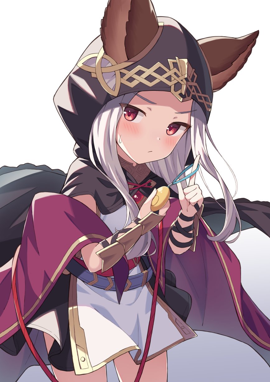 1girl animal_ears arm_guards belt black_skirt blush cloak commentary_request cowboy_shot crime_prevention_buzzer ears_through_headwear erune gradient gradient_background granblue_fantasy green_hair highres hood hooded_cloak index_finger_raised kochi_michikaze long_hair looking_at_viewer red_eyes scathacha_(granblue_fantasy) simple_background skirt solo sweatdrop