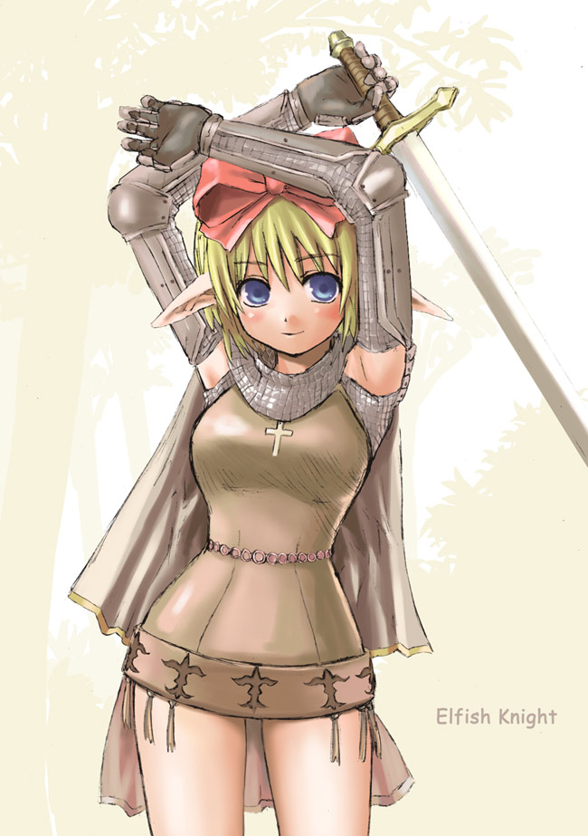 1girl armor arms_up asanagi bangs blonde_hair blue_eyes blush bow breastplate breasts brown_cape cape chainmail character_name closed_mouth commentary_request cowboy_shot cross gauntlets hair_bow holding holding_sword holding_weapon knight_(ragnarok_online) looking_at_viewer medium_breasts pauldrons pointy_ears ragnarok_online red_bow short_hair shoulder_armor smile solo sword weapon