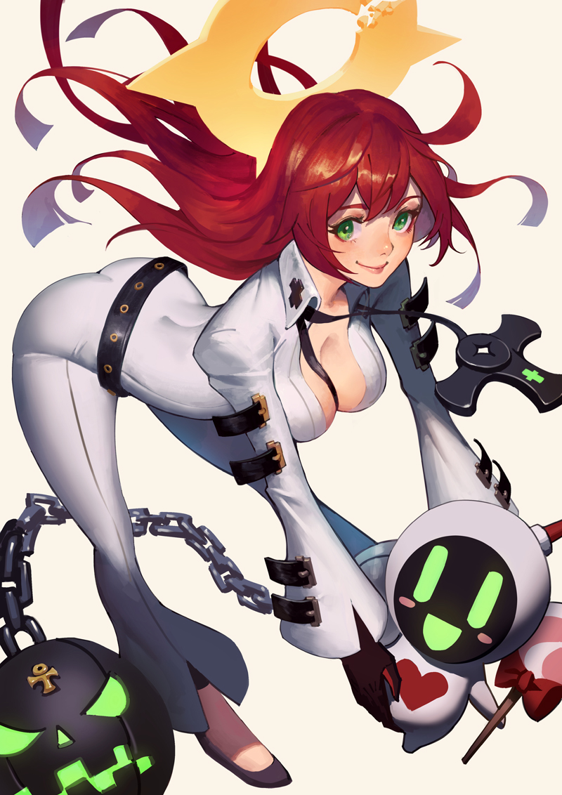 1girl ankh ankh_necklace ball_and_chain_restraint bangs bellbottoms belt bent_over black_belt black_footwear black_gloves bodysuit broken_halo chain gloves guilty_gear guilty_gear_strive halo jack-o'_valentine long_hair mask mask_removed phamoz redhead smile studded_belt white_bodysuit