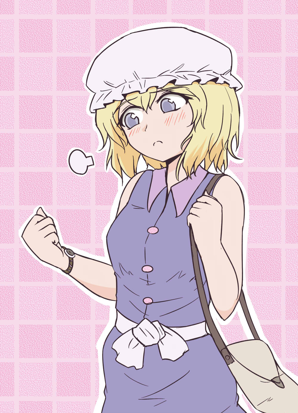 alternate_costume bag blonde_hair blush_stickers checkered checkered_background cropped_legs feet_out_of_frame handbag hat highres maribel_hearn mob_cap outstretched_arm pink_background pout purple_shirt shio_(futatsumami) shirt short_hair sleeveless sleeveless_shirt touhou violet_eyes waist_bow watch watch