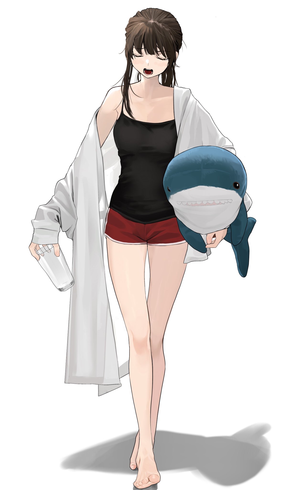 1girl bangs barefoot black_camisole brown_hair camisole closed_eyes cup donguri_hello eyebrows eyebrows_visible_through_hair full_body glass highres holding holding_cup holding_stuffed_toy ikea_shark off-shoulder_shirt off_shoulder open_mouth original red_shorts shirt short_shorts shorts simple_background solo standing stuffed_animal stuffed_shark stuffed_toy white_background white_shirt yawning