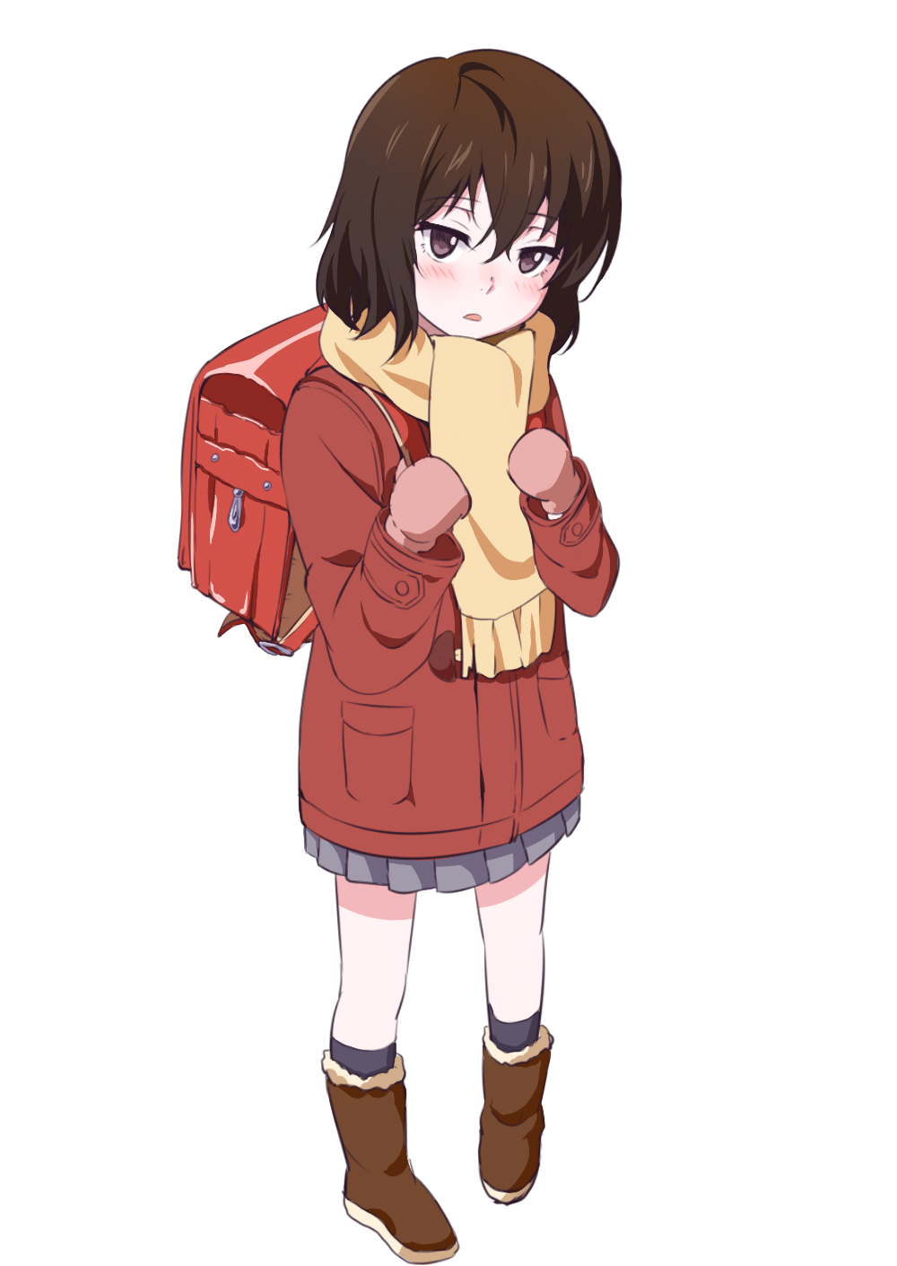 :&lt; backpack bag bangs blush boku_dake_ga_inai_machi boots brown_eyes brown_footwear brown_hair coat commentary from_above fur-trimmed_boots fur_trim grey_skirt hair_between_eyes hands_on_own_chest highres hinazuki_kayo huyumitsu looking_at_viewer looking_up parted_lips pigeon-toed pink_mittens pleated_skirt randoseru red_coat scarf short_hair simple_background skirt w_arms white_background yellow_neckwear yellow_scarf