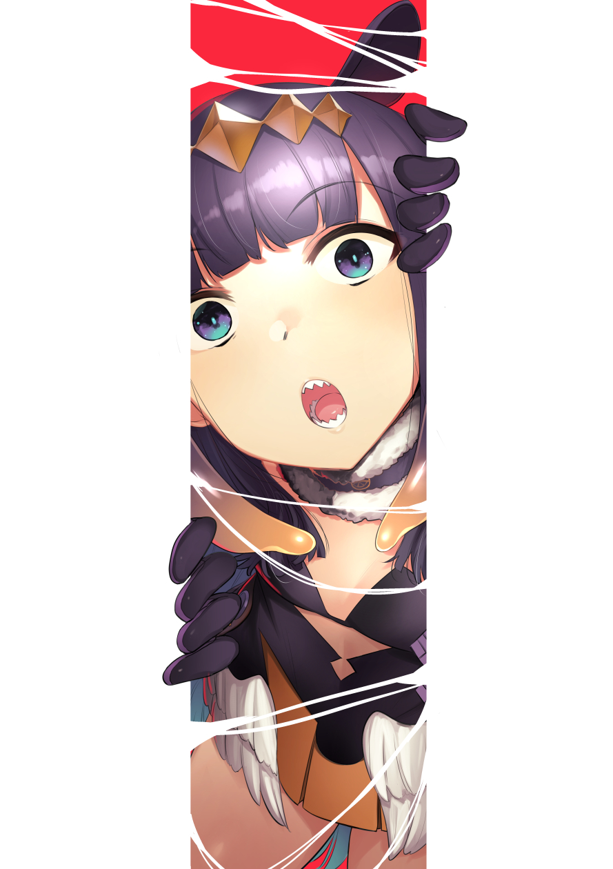 1girl :o animal_ears bangs black_bra blue_pupils blunt_bangs bra eyebrows_visible_through_hair feathered_wings flat_chest gloves hands_up highres hololive hololive_english looking_at_viewer low_wings mini_wings ninomae_ina'nis open_mouth orange_skirt peeking_out purple_gloves purple_hair red_background sharp_teeth skirt solo teeth underwear violet_eyes wakamesan white_wings wide-eyed wings