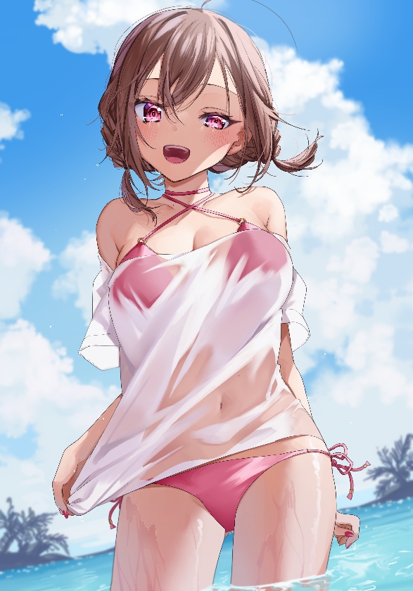 1girl ahoge bangs bare_shoulders bikini breasts brown_hair chigusa_minori clouds cowboy_shot criss-cross_halter hair_between_eyes halterneck in_water large_breasts looking_at_viewer nail_polish navel ocean open_mouth original outdoors pink_bikini red_nails see-through shirt short_hair side-tie_bikini sky standing swimsuit water wet wet_clothes wet_shirt white_shirt