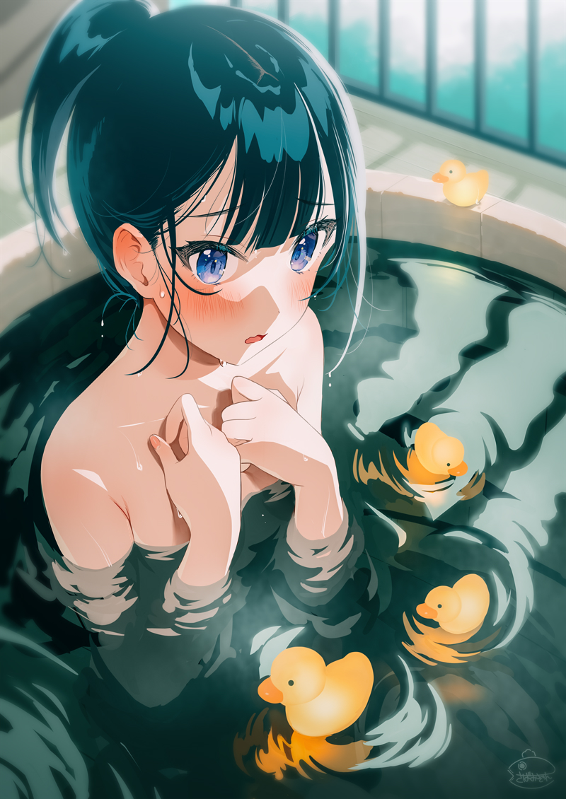 1girl bangs bird black_hair blue_eyes blunt_bangs blurry blurry_background blush covering covering_breasts duck dutch_angle eyebrows_visible_through_hair flat_chest from_above frown looking_ahead medium_hair nude onsen open_mouth original outdoors partially_submerged ponytail railing rubber_duck signature solo steam tsukana_(saba_mizore) water_drop watermark wet wet_hair