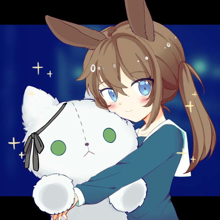 1girl amiya_(arknights) animal_ears arknights bangs blue_eyes blush brown_hair chinese_commentary closed_mouth doll_hug dress eyebrows_visible_through_hair huiliufeiyuyu long_hair long_sleeves looking_to_the_side object_hug ponytail rabbit_ears rabbit_girl rosmontis_(arknights) sailor_dress solo stuffed_animal stuffed_cat stuffed_toy younger