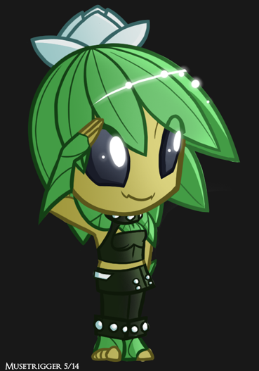 1girl artist_name barefoot black_sclera chibi collar colored_sclera commentary floran flower hair_flower hair_ornament monster_girl musetrigger original pink_flower plant_girl plant_hair salute smile solo starbound