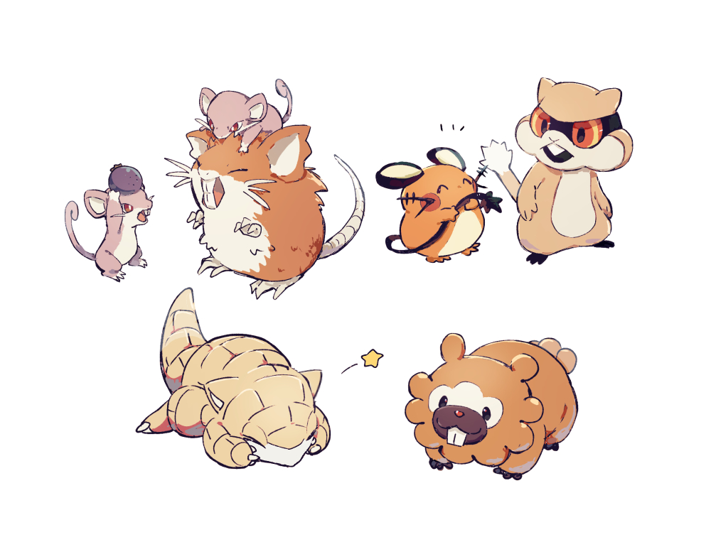 bidoof claws closed_eyes closed_mouth commentary_request dedenne evolutionary_line gen_1_pokemon gen_4_pokemon gen_5_pokemon gen_6_pokemon lying nao_(naaa_195) no_humans on_head on_stomach open_mouth patrat pokemon pokemon_(creature) pokemon_on_head raticate rattata sandshrew smile star_(symbol) tongue