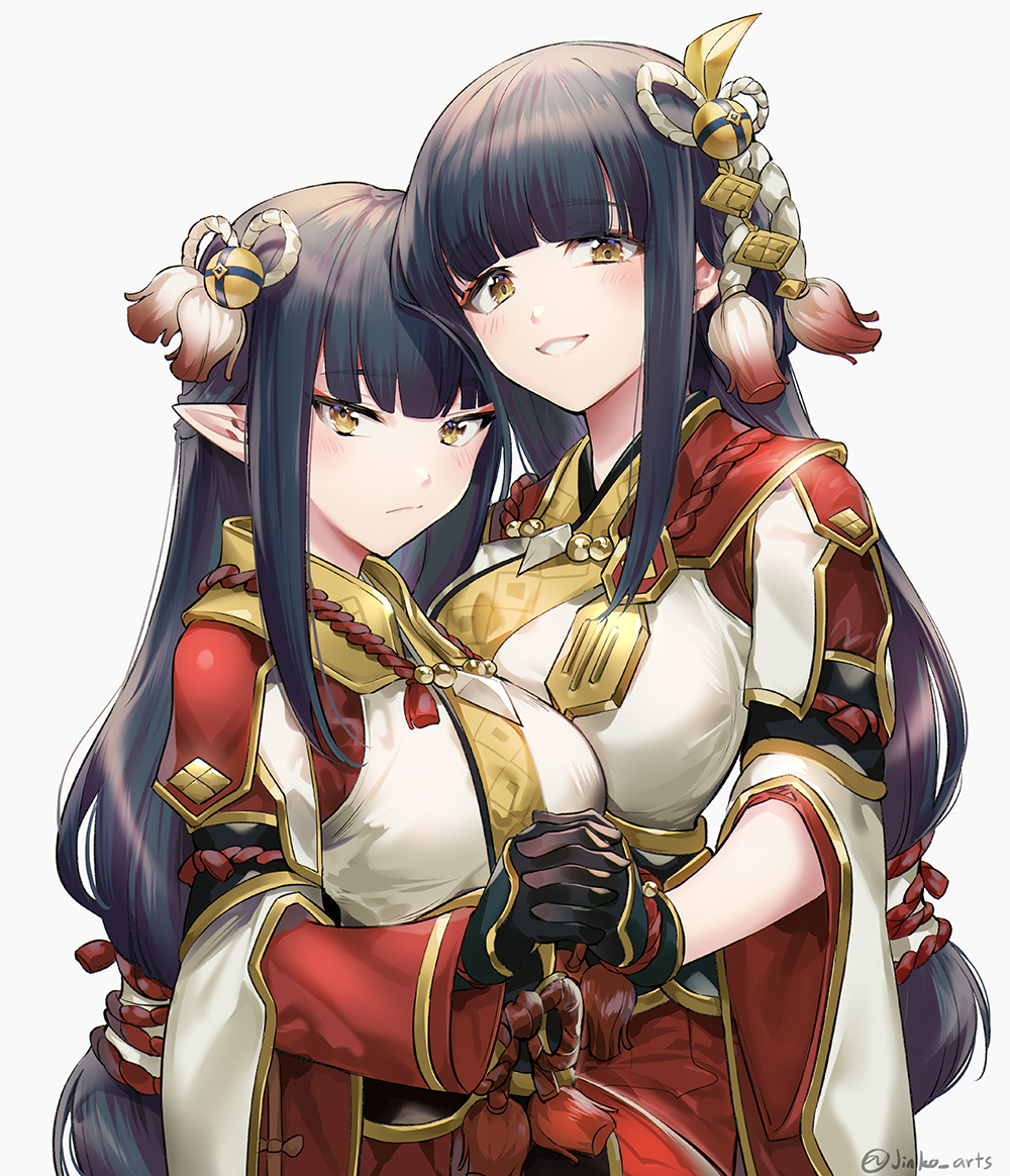 2girls bangs black_gloves black_hair blunt_bangs blush breasts closed_mouth commentary cowboy_shot eyebrows_visible_through_hair eyeshadow gloves gold_trim grey_background hair_ornament hinoa holding_hands interlocked_fingers japanese_clothes large_breasts long_hair looking_at_viewer makeup medium_breasts minoto monster_hunter_(series) monster_hunter_rise multiple_girls parted_lips phino pointy_ears red_eyeshadow siblings sidelocks simple_background sisters smile straight_hair tassel tsurime twins twitter_username wide_sleeves yellow_eyes