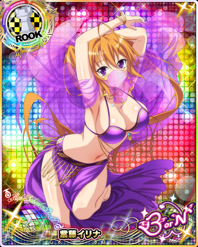 1girl ahoge armpits arms_up bikini bracelet breasts card_(medium) chess_piece choker dancer eyebrows_visible_through_hair hair_between_eyes high_school_dxd high_school_dxd_born jewelry large_breasts long_hair looking_at_viewer mouth_veil navel official_art rook_(chess) see-through shidou_irina smile solo swimsuit twintails very_long_hair violet_eyes