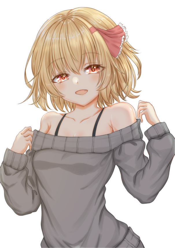 1girl :d bangs bare_shoulders blonde_hair bra_strap breasts collarbone curled_fingers eyebrows_visible_through_hair frilled hair_between_eyes hair_ornament hands_up medium_hair off-shoulder_sweater off_shoulder open_mouth red_eyes rumia scarlet_mirin sharp_teeth sidelocks simple_background small_breasts smile solo sweater teeth touhou white_background