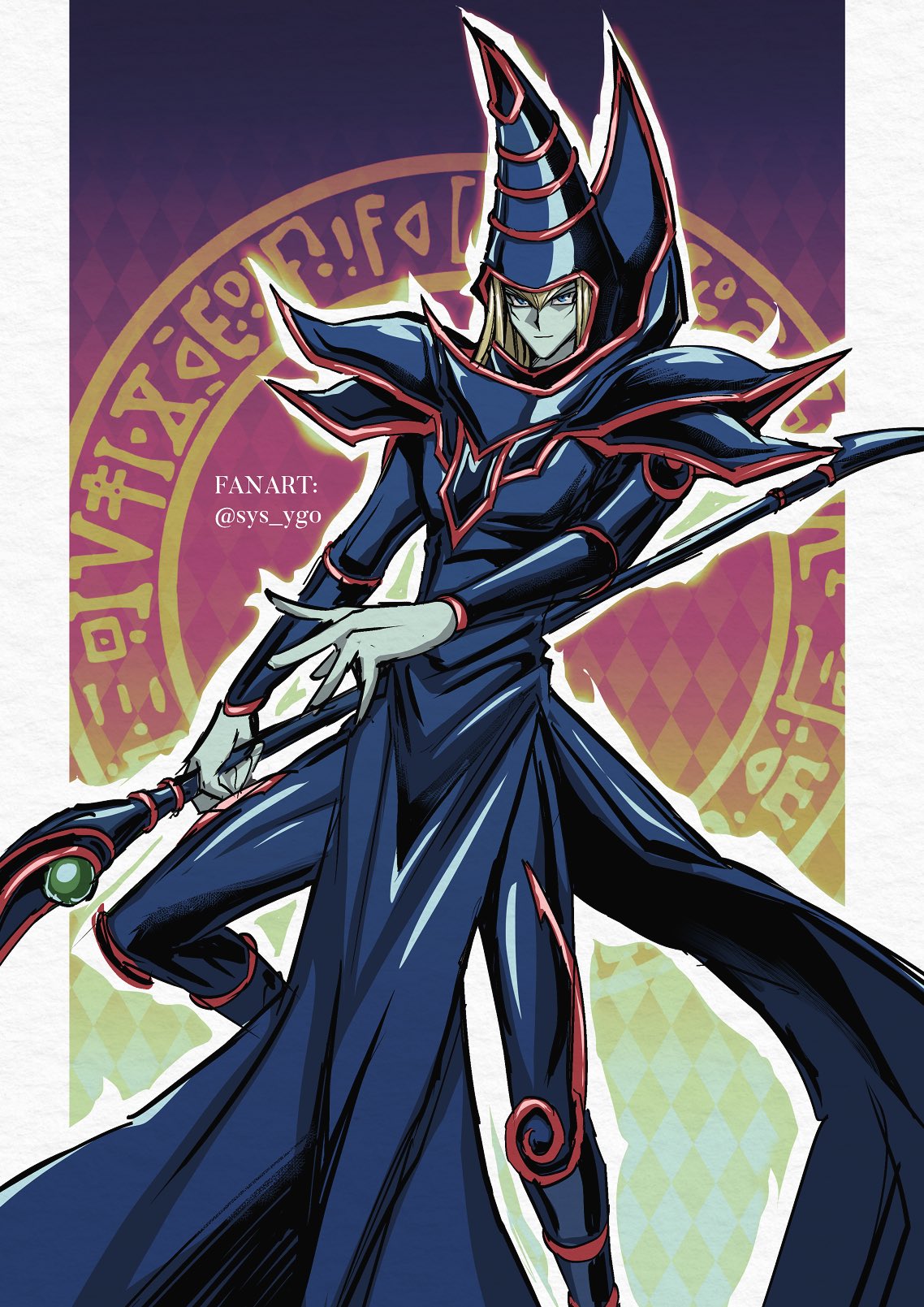 1boy bangs blonde_hair boots closed_mouth colored_skin commentary_request dark_magician duel_monster green_skin hat highres holding holding_staff long_hair male_focus pillarboxed smile solo soya_(sys_ygo) staff twitter_username wizard_hat yu-gi-oh!