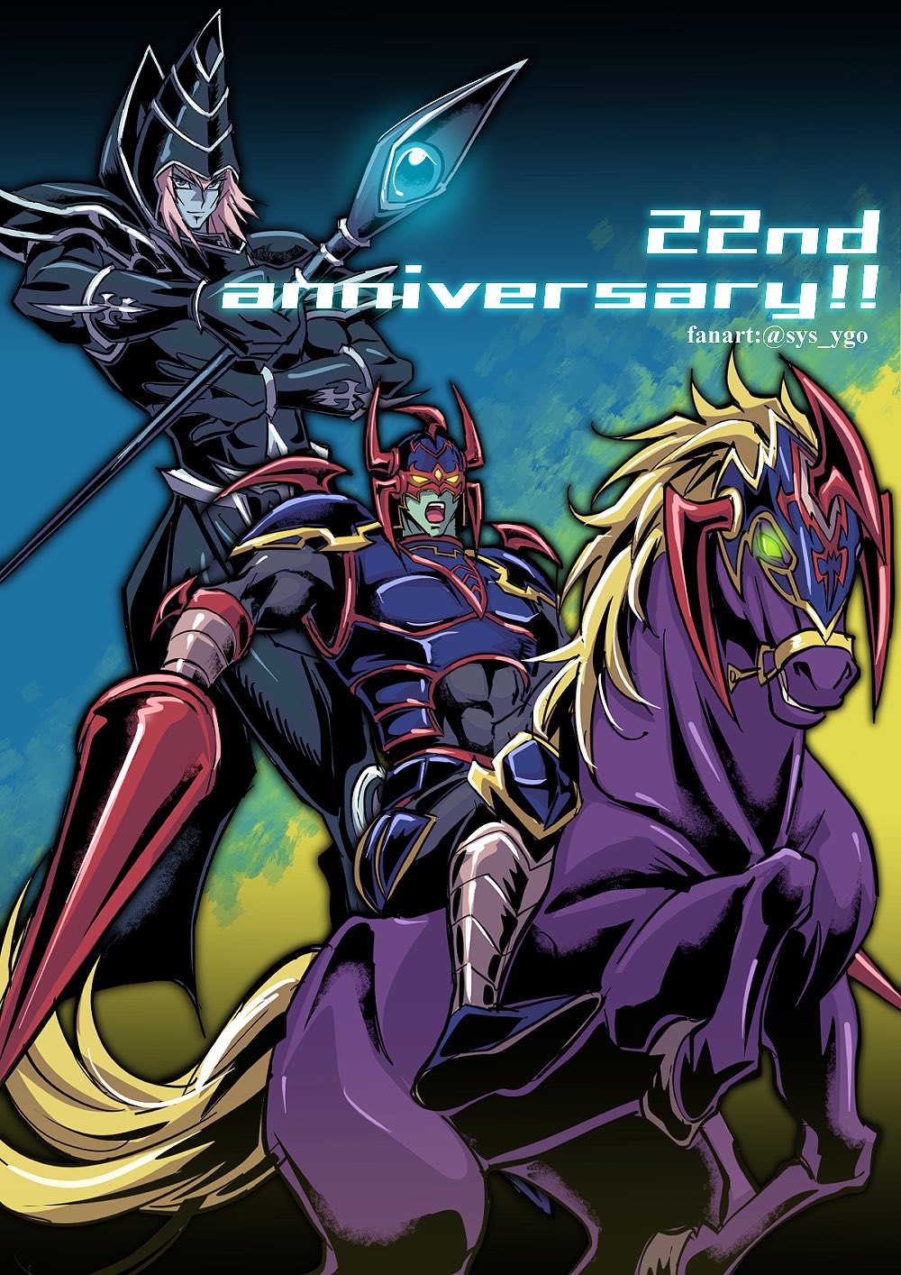 2boys anniversary black_bodysuit bodysuit character_request colored_skin commentary_request covered_abs duel_monster gloves glowing glowing_eyes green_eyes green_skin hat helmet highres holding holding_staff horse lance male_focus multiple_boys number open_mouth polearm riding shoes sitting soya_(sys_ygo) staff tongue twitter_username upper_teeth weapon yellow_eyes yu-gi-oh!