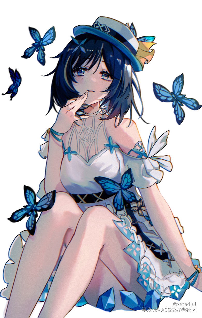 1girl arm_support bare_legs bare_shoulders blue_butterfly blue_eyes blue_hair bracelet bug butterfly clothing_cutout commentary_request dattte dress feet_out_of_frame finger_to_mouth hair_ornament hand_up hat highres honkai_(series) honkai_impact_3rd jewelry looking_at_viewer medium_hair parted_lips seele_vollerei shoulder_cutout simple_background sitting solo watermark white_background white_dress white_headwear