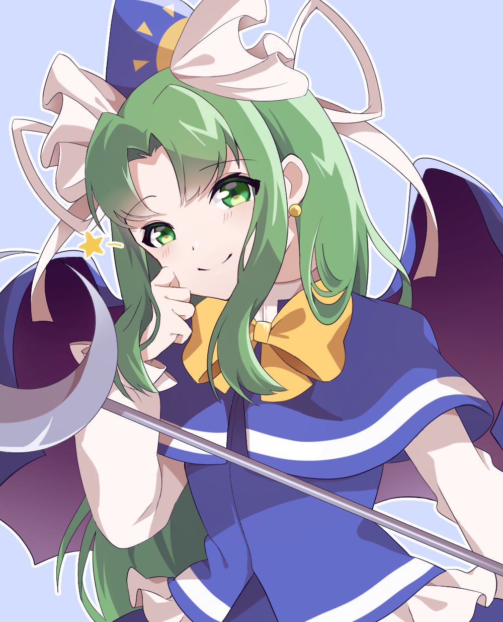 1girl blue_capelet blue_headwear blue_skirt blue_vest blush bow capelet closed_mouth crescent demon_wings earrings eyebrows_visible_through_hair frills green_eyes green_hair happy hat highres jewelry light_blue_background long_hair long_skirt looking_at_viewer milll_77 mima_(touhou) moon ribbon shirt simple_background skirt smile staff star_(symbol) sun_print touhou touhou_(pc-98) vest white_bow white_ribbon white_shirt wings wizard_hat yellow_bow yellow_neckwear