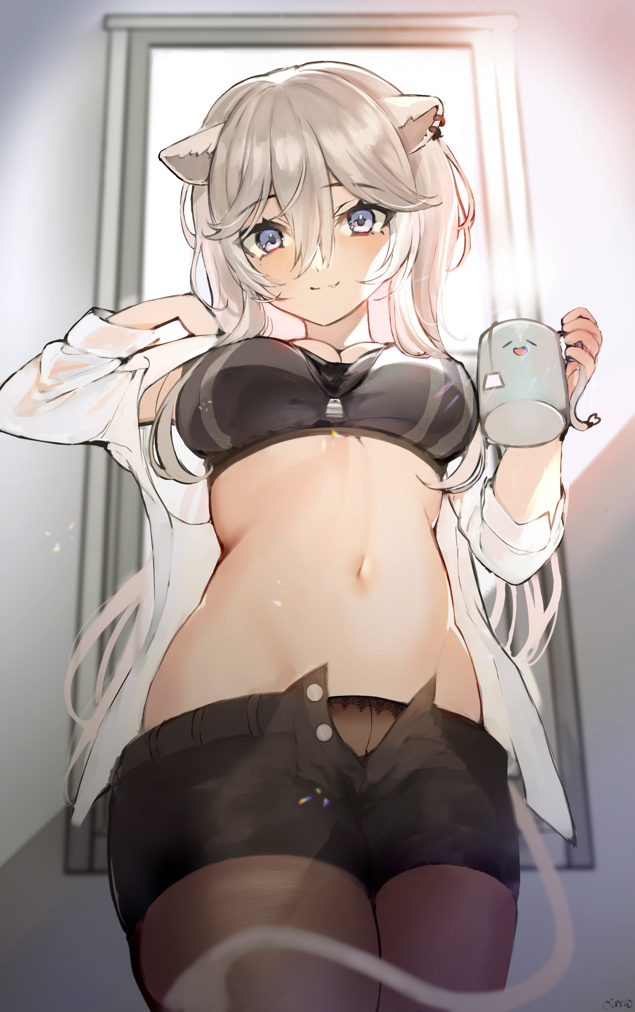 1girl :3 animal_ears brown_legwear character_print coffee_mug commentary_request cowboy_shot cup earrings fang from_below grey_eyes grey_hair hair_between_eyes highres hololive indoors jewelry lion_ears lion_girl lion_tail long_hair long_sleeves looking_at_viewer mug navel oimo_0imo open_clothes open_shirt open_shorts pantyhose shirt shishiro_botan shorts smile solo sports_bra ssrb stomach tail virtual_youtuber white_shirt window