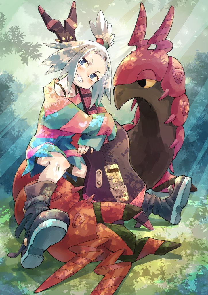bass_guitar bike_shorts blue_eyes boots bra_strap bug centipede dress forehead freckles gen_5_pokemon grass hair_bobbles hair_ornament instrument light looking_to_the_side pokemon pokemon_(game) pokemon_bw2 roxie_(pokemon) scolipede sitting smile topknot tree tree_shade white_hair yuitility