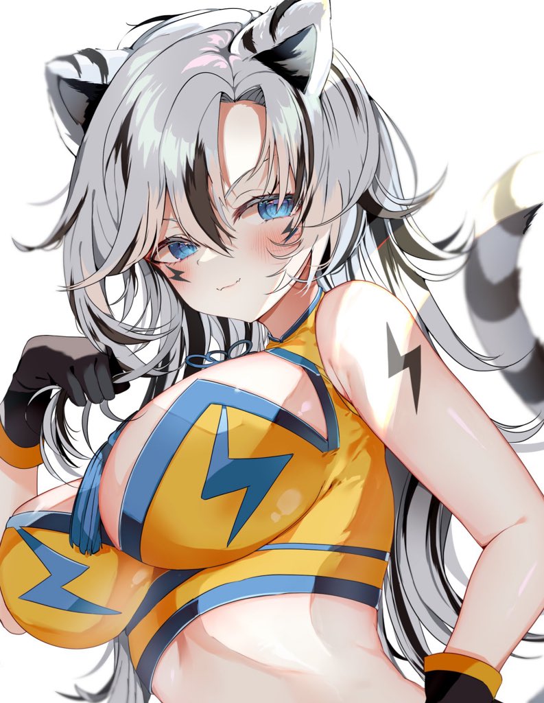 1girl animal_ears bare_arms bare_shoulders black_gloves black_hair blue_eyes blush breasts closed_mouth crop_top facial_mark fangs gloves grey_hair impossible_clothes impossible_shirt indie_virtual_youtuber kohaku_ten large_breasts long_hair looking_at_viewer midriff multicolored_hair niku_(hamuchang) shirt shoulder_tattoo skin_fangs slit_pupils smile solo streaked_hair tail tattoo tiger_ears tiger_girl tiger_tail virtual_youtuber