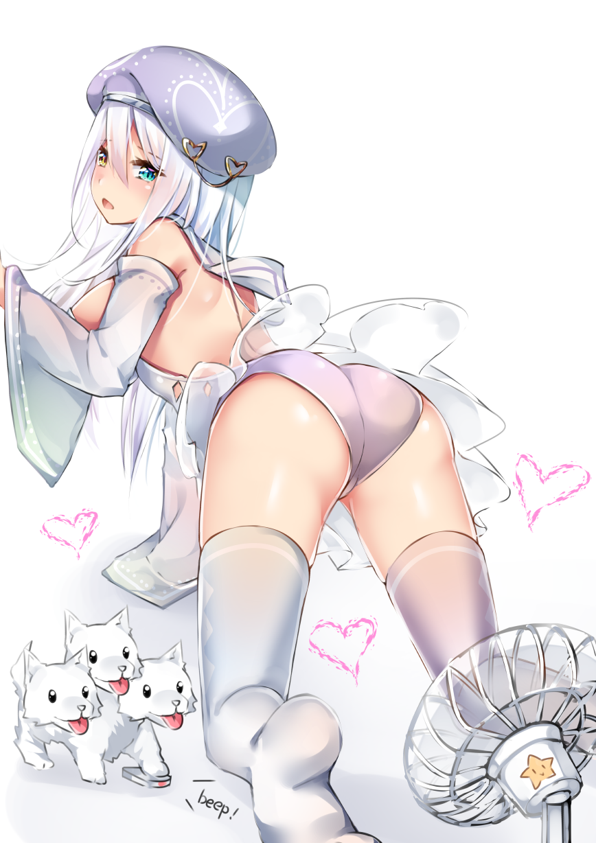 1girl aqua_eyes ass asymmetrical_legwear back bare_shoulders breasts cerberus chinese_commentary controller detached_sleeves electric_fan frilled_skirt frills full_body grey_hair hair_between_eyes hat heart heterochromia highres kneeling long_hair looking_back open_mouth original panties remote_control shiny shiny_skin sideboob simple_background skirt soles solo thigh-highs thighs tongue tongue_out umou_(may65879) underwear white_background white_hair yellow_eyes