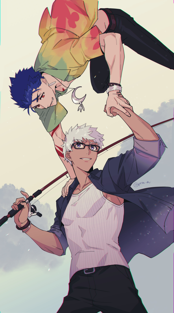 2boys archer_(fate) arm_tattoo belt black_jacket black_pants blue_hair bracelet cu_chulainn_(fate) cu_chulainn_(fate/stay_night) dark-skinned_male dark_skin earrings fate/grand_order fate/stay_night fate_(series) fishing_rod glasses grey_eyes hand_grab hawaiian_shirt highres hikaru_(asteriskring) holding holding_fishing_rod jacket jewelry looking_at_another male_focus multiple_boys necklace pants redhead shirt short_hair smile tank_top tattoo teeth white_hair white_tank_top