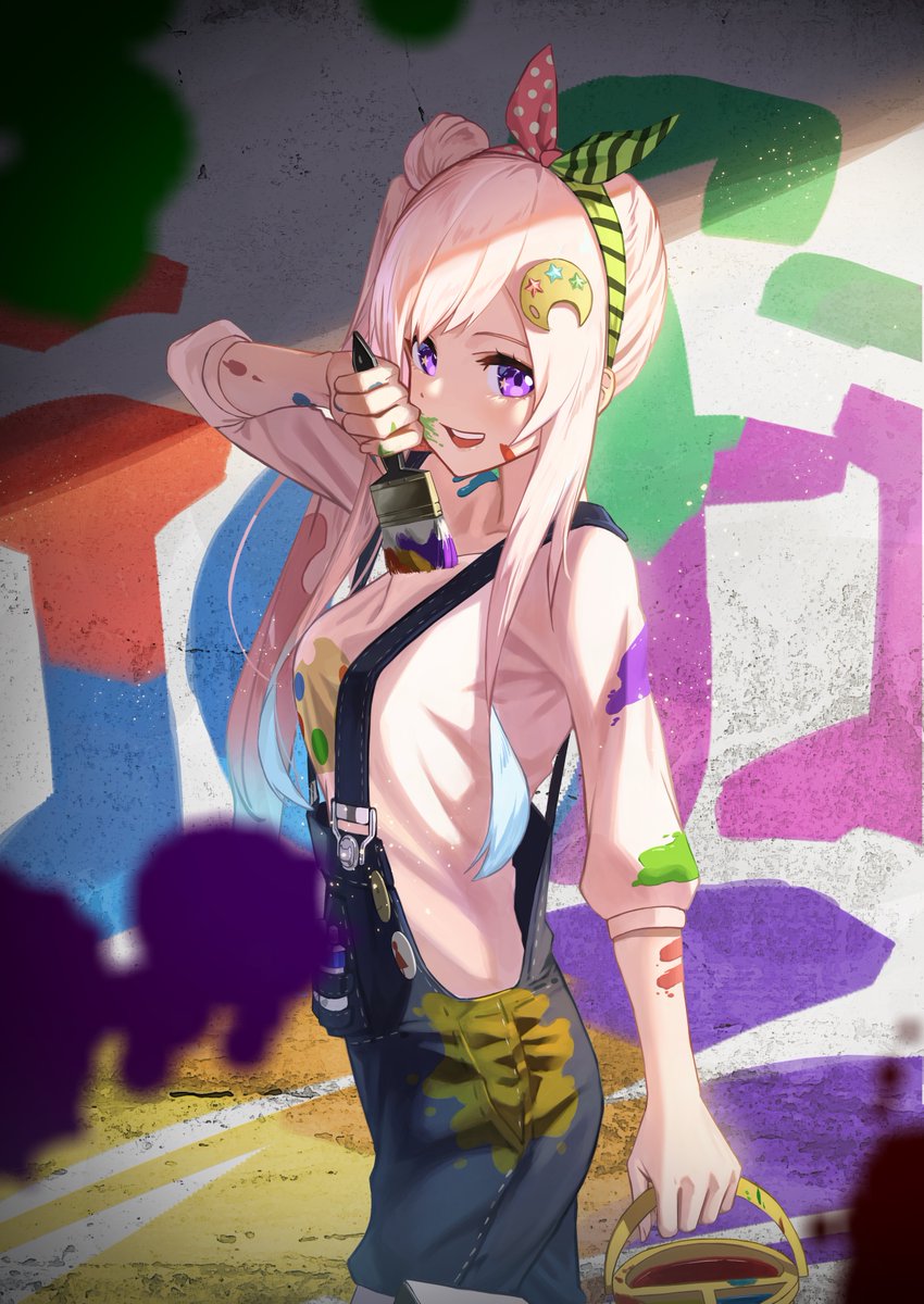 1girl airani_iofifteen character_name hair_bun hara_kenshi highres hololive hololive_indonesia long_hair paint_can paint_on_clothes paint_splatter paint_splatter_on_face paintbrush pink_hair suspenders violet_eyes virtual_youtuber