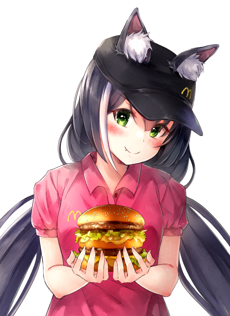 1girl animal_ear_fluff animal_ears big_mac black_hair blush bread_bun burger fang food green_eyes hat highres holding holding_food karyl_(princess_connect!) lettuce logo mcdonald's multicolored_hair parted_lips princess_connect! red_shirt sharp_teeth shirt short_sleeves sidelocks smile solo teeth twintails two-tone_hair upper_body vangee white_background white_hair