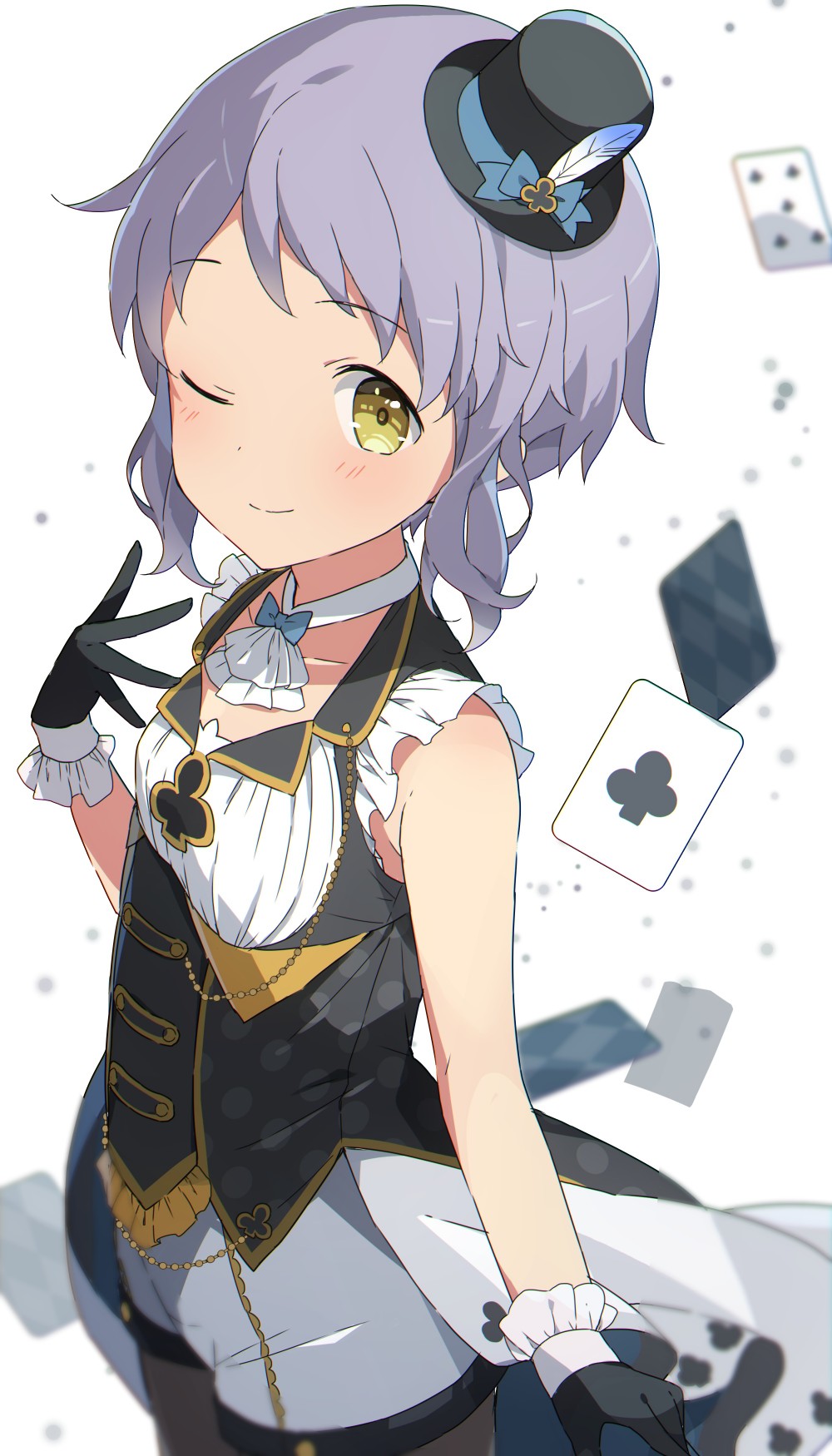 ace_of_clubs black_gloves black_vest blush bow card collarbone commentary_request eyebrows_visible_through_hair feathers frilled_vest frills gloves hat hat_bow highres idolmaster idolmaster_million_live! jewelry makabe_mizuki mochigome_(ununquadium) necklace one_eye_closed purple_hair shorts sidelocks simple_background sleeveless smile solo vest white_background white_shorts yellow_eyes