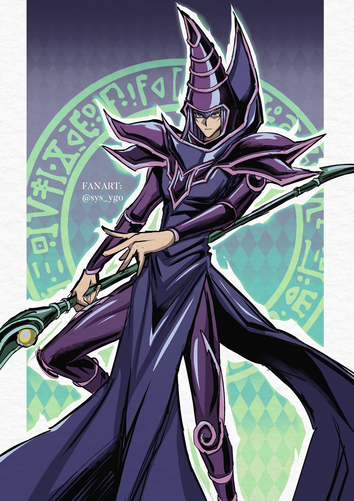 1boy bangs boots closed_mouth commentary_request dark_magician duel_monster hat highres holding holding_staff long_hair male_focus pillarboxed purple_hair smile solo soya_(sys_ygo) staff twitter_username wizard_hat yu-gi-oh!