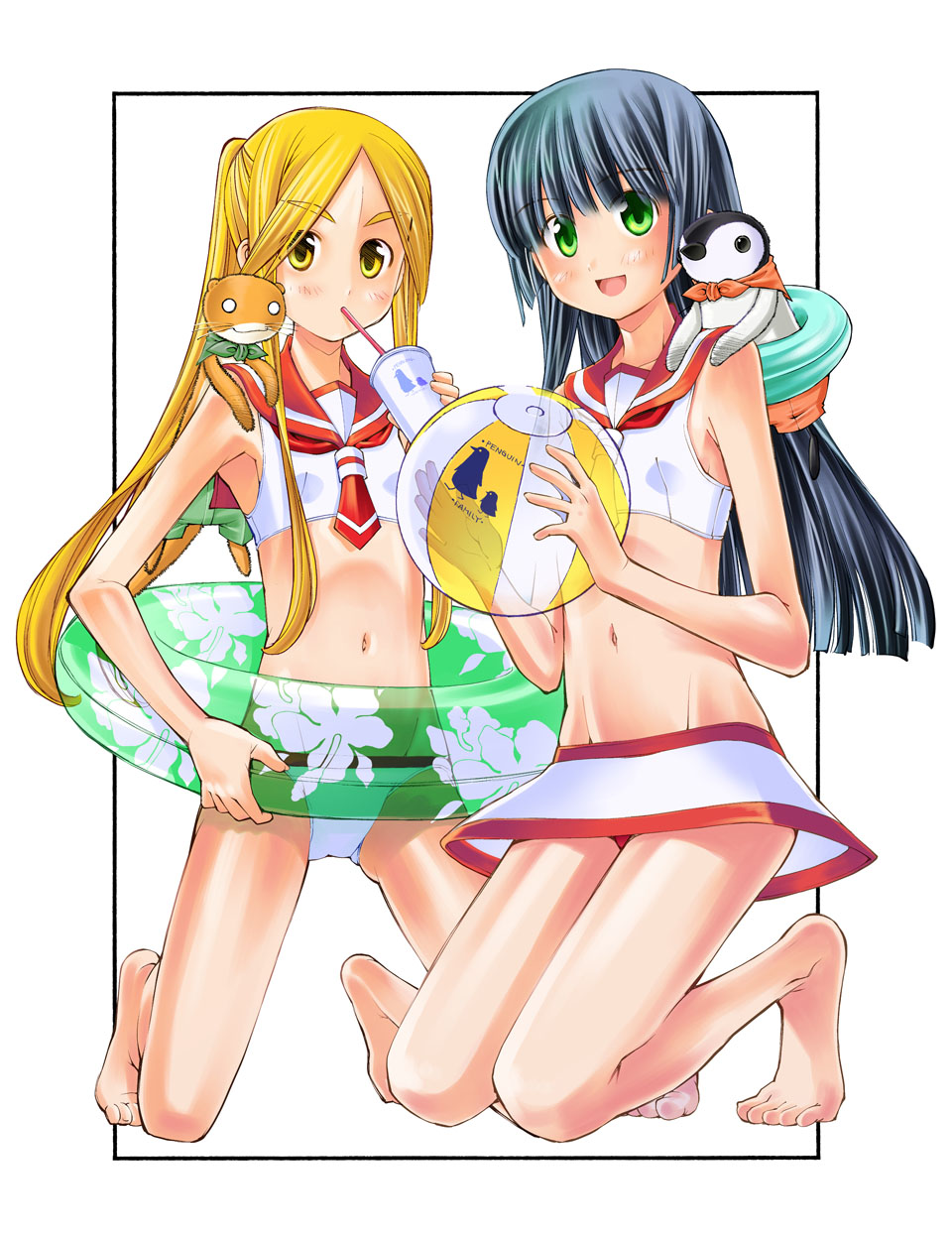 2girls animal_on_shoulder ball barefoot beachball bikini bikini_skirt bird blonde_hair blue_hair commentary_request cup disposable_cup drinking drinking_straw eyebrows_visible_through_hair green_eyes groin highres holding holding_ball holding_cup holding_innertube innertube kneeling kusano_kouichi long_hair looking_at_viewer multiple_girls navel neckerchief open_mouth original penguin red_neckwear sailor_bikini sailor_collar smile straight_hair swimsuit twintails weasel white_bikini yellow_eyes