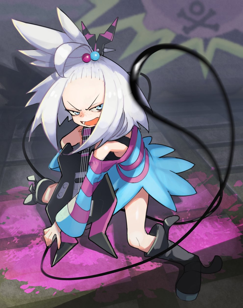 bass_guitar black_undershirt blue_eyes boots dress forehead freckles hair_bobbles hair_ornament highres instrument legs looking_at_viewer oversized_clothes peiroke perspective pokemon pokemon_(game) pokemon_bw2 roxie_(pokemon) splatter stage standing strapless strapless_dress striped striped_dress topknot white_hair wire