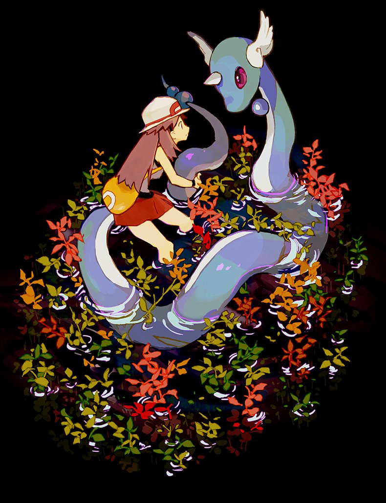 1girl bag black_wristband brown_hair bucket_hat closed_mouth dragonair gen_1_pokemon grey_shirt hair_flaps hat leaf_(pokemon) lillin long_hair orange_bag pokemon pokemon_(creature) pokemon_(game) pokemon_frlg red_skirt shirt skirt sleeveless sleeveless_shirt violet_eyes wading water white_headwear wristband