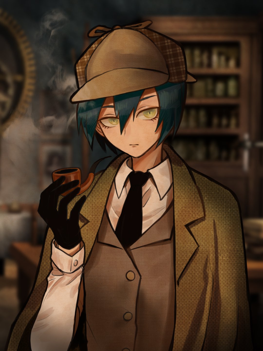 1boy alternate_costume bangs black_gloves black_hair black_neckwear blue_hair blurry blurry_background brown_eyes brown_headwear brown_jacket collared_shirt commentary_request danganronpa_(series) danganronpa_v3:_killing_harmony deerstalker gloves hair_between_eyes hat highres holding holding_pipe indoors jacket jacket_on_shoulders long_sleeves looking_at_viewer male_focus necktie pipe saihara_shuuichi shirt short_hair upper_body white_shirt xi_cun_jin_jiu_(nineqiu966)