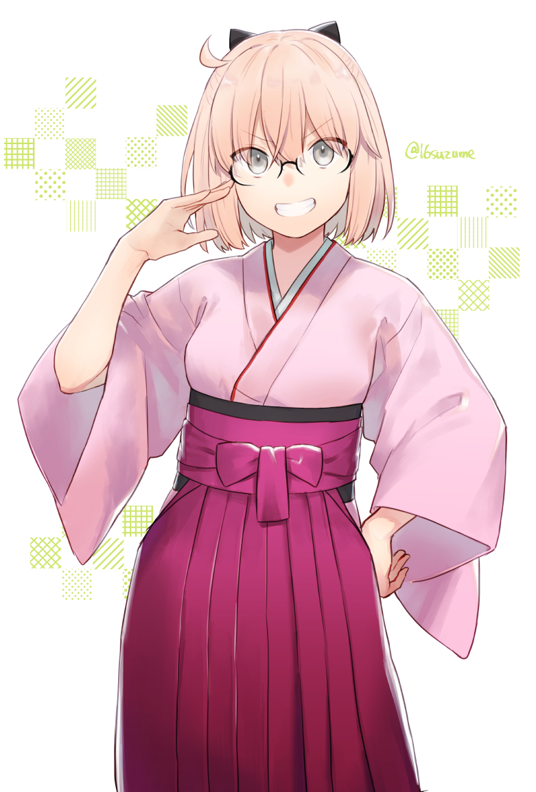 1girl adjusting_eyewear ahoge bangs bespectacled black_bow bow commentary_request cowboy_shot fate/grand_order fate_(series) glasses green_background green_eyes grin hair_bow hakama japanese_clothes kimono looking_at_viewer okita_souji_(fate) okita_souji_(fate)_(all) pink_hair pink_kimono plaid short_hair simple_background smile solo somemiya_suzume twitter_username white_background