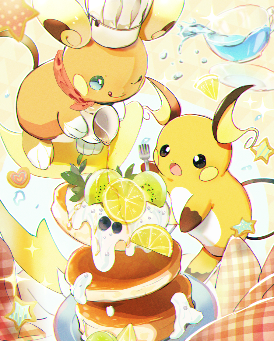 :o :q alolan_form alolan_raichu blue_eyes chef_hat closed_mouth commentary_request food fork fruit gen_1_pokemon gen_7_pokemon glass hat hatted_pokemon holding holding_fork lemon lemon_slice nao_(naaa_195) no_humans one_eye_closed open_mouth pancake pokemon pokemon_(creature) pouring raichu saucer smile sparkle tongue tongue_out water white_headwear