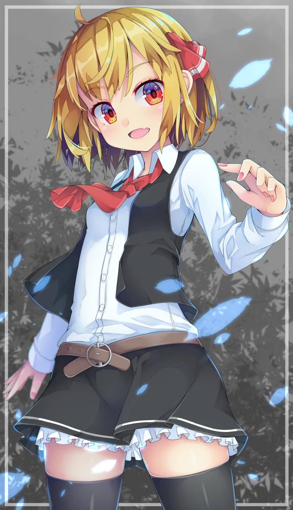 1girl blonde_hair collared_shirt hair_ribbon highres red_eyes red_neckwear red_ribbon ribbon rumia shirt short_hair solo touhou uumaru white_shirt