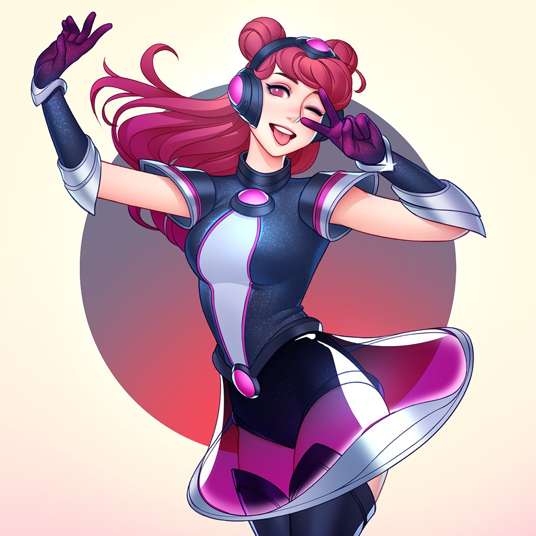 1girl arm_up armor bangs black_gloves black_leotard blue_background boots breasts cowboy_shot double_bun dress floating_hair gloves gradient_hair hand_up headgear large_breasts league_of_legends leotard long_hair looking_at_viewer lux_(league_of_legends) multicolored_hair one_eye_closed open_mouth pink_eyes purple_gloves redhead see-through shiny shoulder_armor smile solo space_groove_lux thigh-highs thigh_boots tongue tongue_out tsuaii upper_teeth v white_background white_leotard